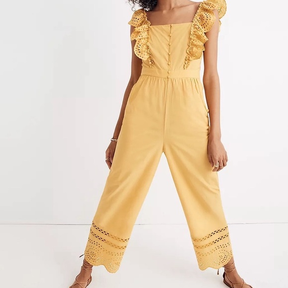 Madewell Mustard Eyelet Frilled Strap Scalloped Hem Jumpsuit Size 16 - Picture 2 of 15